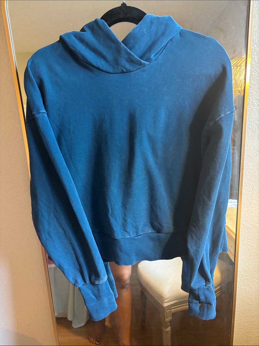 Distressed Cotton Teal Blue Hooded Sweatshirt